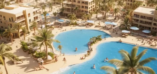A miniature-style beach resort in Egypt with tourists strolling along a sunny shoreline, palm trees swaying, and a weather forecast sign displaying sunny conditions, all depicted in a tilt-shift effect