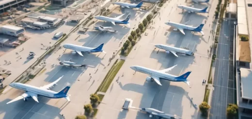 Aerial view of Antalya Airport in the morning light, with delayed airplanes parked at gates, passengers waiting in terminals, and subtle signs of travel disruption, rendered in a tilt-shift miniature effect to emphasize the scene's scale and mood