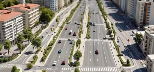 A miniature-style tilt-shift photograph of Sochi's cityscape on July 23, showing slightly improved traffic flow with fewer cars stuck in congestion, clear skies, distant Caucasus mountains in the background, and subtle signs of normalcy returning — such as people walking along the promenade and open cafes — rendered in a shallow depth of field with blurred edges and sharp focus on a central road, emphasizing the toy-like, diorama effect