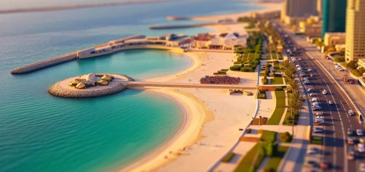 A tilt-shift view of a luxury Dubai outdoor beach club with people exercising, turquoise water, people jogging on a coastal path, and the iconic Burj Khalifa in the distant background, miniature model effect