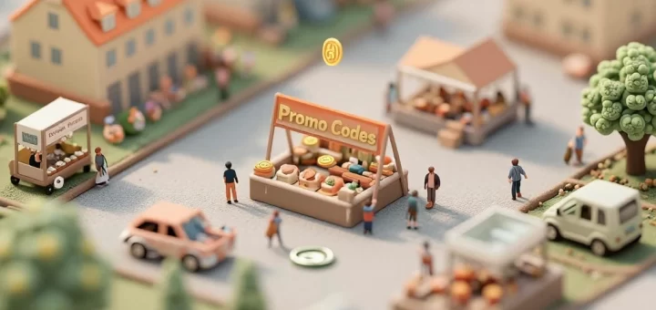 A whimsical, miniature-style scene of a bustling marketplace filled with colorful discount tags, floating coupon vouchers, and glowing bonus coins, all viewed from a high angle with shallow depth of field to emphasize the tilt-shift effect, tiny shoppers browsing stalls labeled 'Promo Codes', 'Discounts', and 'Bonuses' in soft pastel tones, toy-like cars and bicycles moving along miniature streets, soft morning light creating a dreamy, toy-town atmosphere