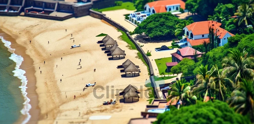 A high-angle tilt-shift view of a crowded beach in Goa with dry waterbeds, empty luxury resorts, and a few tourists walking around under a harsh sun, creating a miniature-like effect
