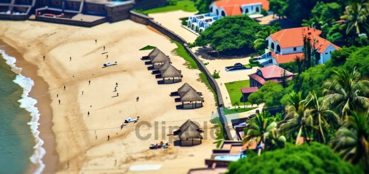 A high-angle tilt-shift view of a crowded beach in Goa with dry waterbeds, empty luxury resorts, and a few tourists walking around under a harsh sun, creating a miniature-like effect