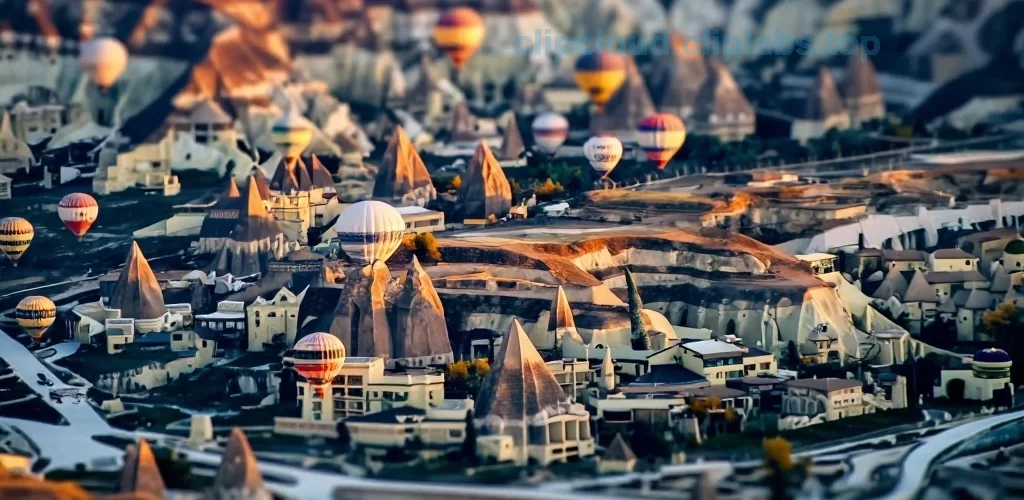A high-angle view of the Cappadocia landscape in Turkey, featuring numerous colorful hot air balloons floating over unique rock formations and ancient fairy chimneys at sunrise, the scene looking like a miniature model world