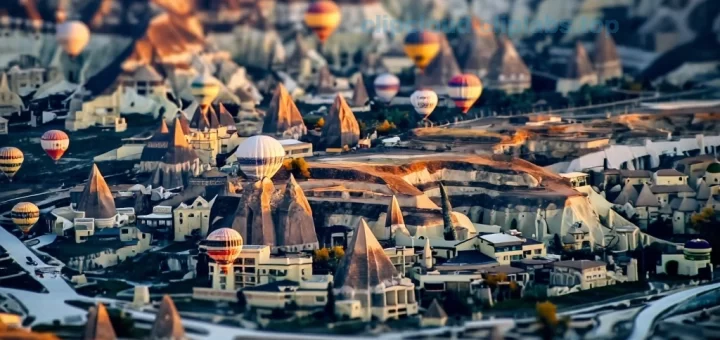 A high-angle view of the Cappadocia landscape in Turkey, featuring numerous colorful hot air balloons floating over unique rock formations and ancient fairy chimneys at sunrise, the scene looking like a miniature model world