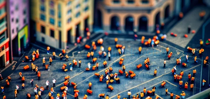 a high-angle tilt-shift view of a crowded busy city square with many tourists carrying luggage, looking confused and overwhelmed in a chaotic miniature atmosphere, vibrant colors, shallow depth of field, toy photography aesthetic